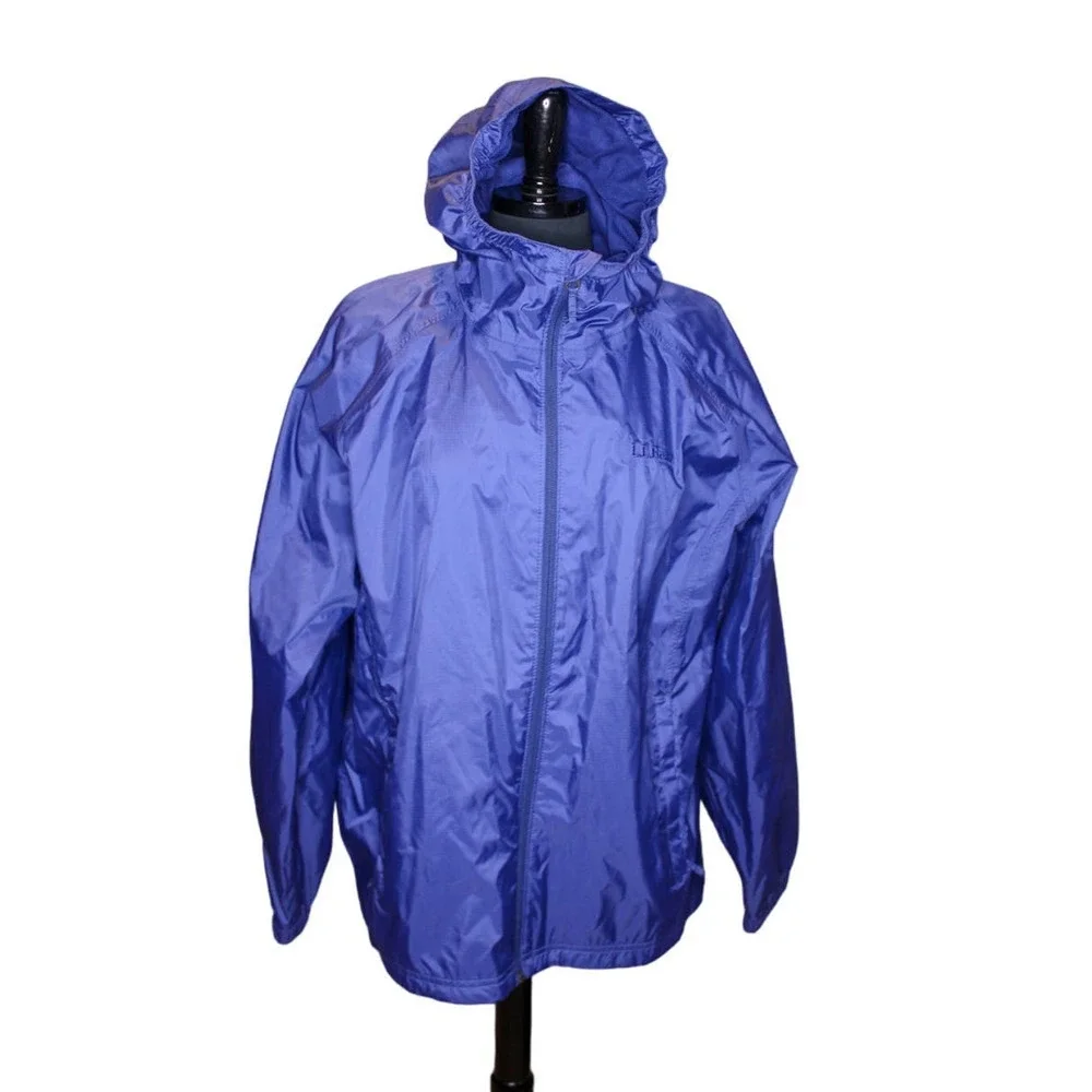LL Bean Rain Jacket Blue Nylon Hooded Size L Regular